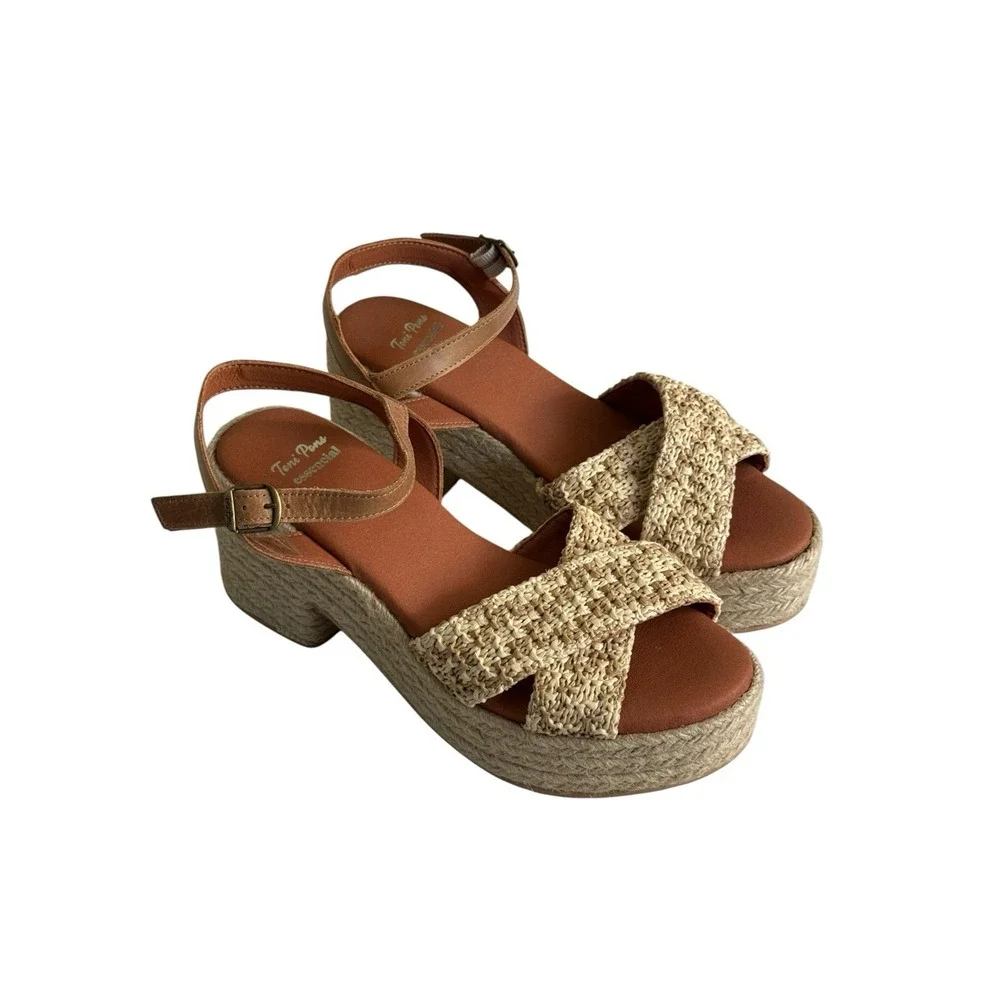 Toni Pons Atenes Platform Block Heel Espadrille Sandal Size 37 Beige Tan NWOT